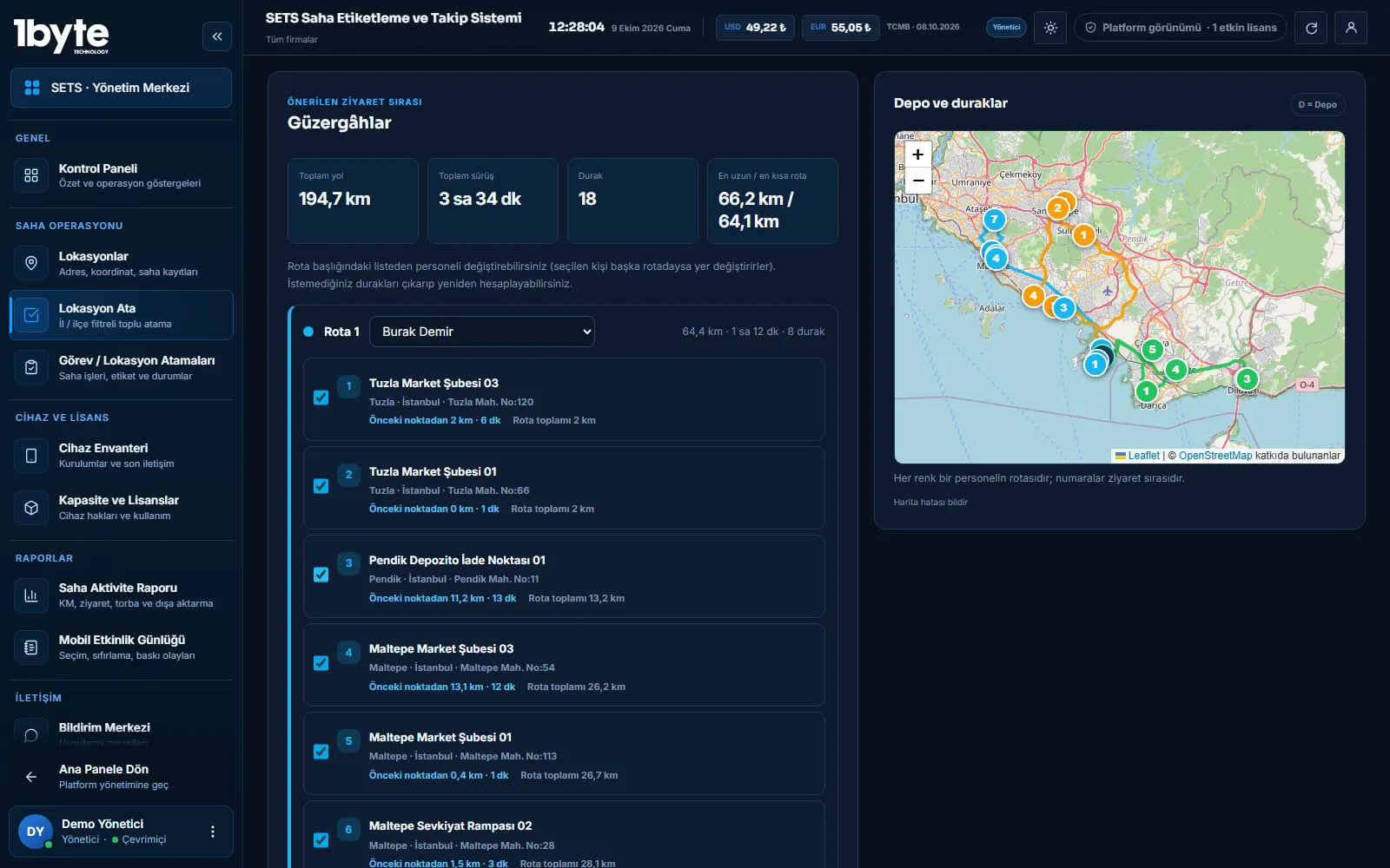 SETS güzergâh önerisi: Tuzla deposundan çıkan üç personele bölünmüş 18 duraklı rota, toplam yol ve süre, haritada renkli rotalar